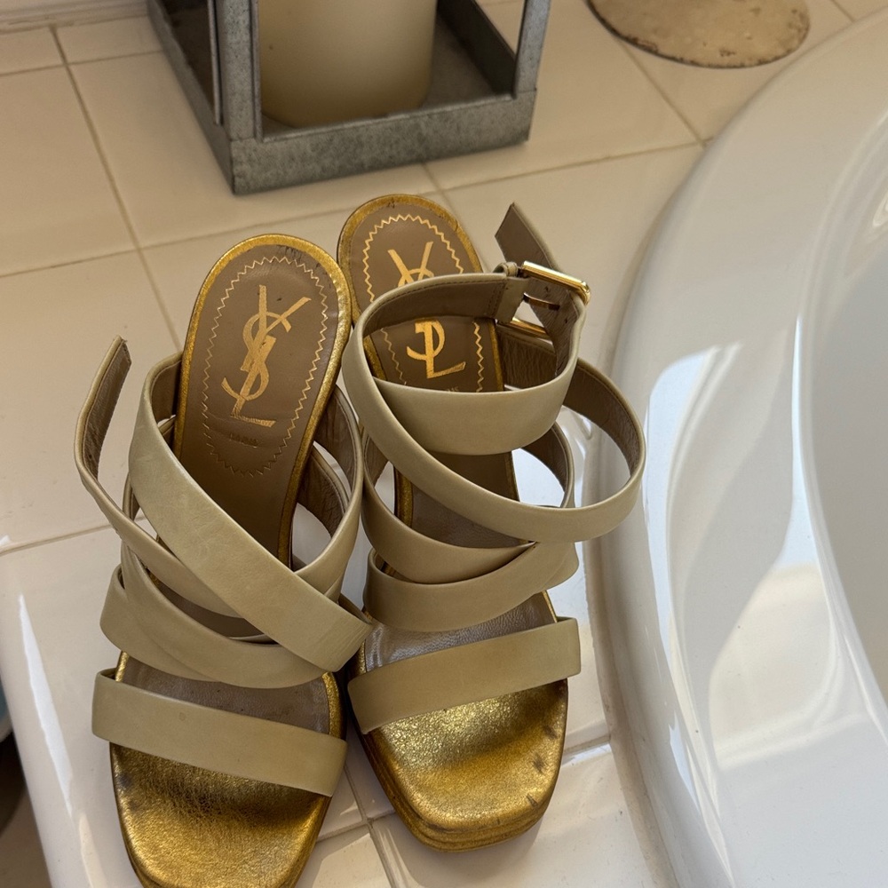 Yves Saint Laurent Cream and Gold Strappy Heels